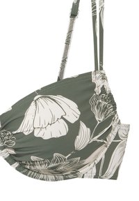 Grüner Bikini-Oberteil mit floralen Mustern und weißen Blumen, mit geraffter Textur und dünnen verstellbaren Trägern. Weicher, dehnbarer Stoff für Komfort.