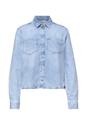 Hellblaues Denim-Hemd zum Knöpfen mit langen Ärmeln, zwei Brusttaschen und klassischem Kragen.