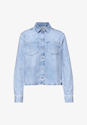 Lyseblå denim skjorte med knapper, lange ærmer, to brystlommer og en klassisk krave.
