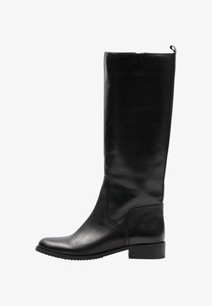 Black leather knee-high boot with a rounded toe, minimal seam details, low block heel, and a smooth finish. Features a pull tab at the top.