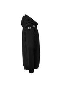 Schwarzer Kapuzenpullover mit einem Front-Reißverschluss, einem Logo auf der linken Schulter und gerippten Bündchen und Saum. Glatte Stoffstruktur.