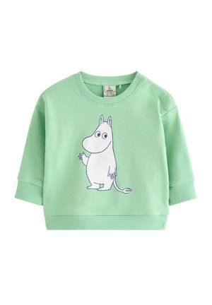 Lysegrøn sweatshirt til småbørn med en hvid tegneserieflodhest i midten foran og trykknapper på den ene skulder.