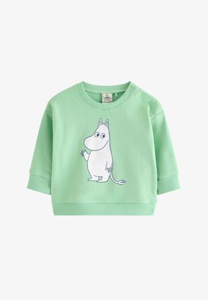 Lysegrøn sweatshirt til småbørn med en hvid tegneserieflodhest i midten foran og trykknapper på den ene skulder.