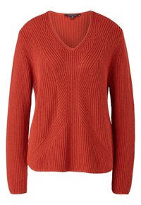 Sweter z dekoltem w serek, długim rękawem w kolorze rdzawym pomarańczowym. Teksturowany wzór dzianiny z żeberkowym wykończeniem i luźnym krojem. Miękki, przytulny materiał.