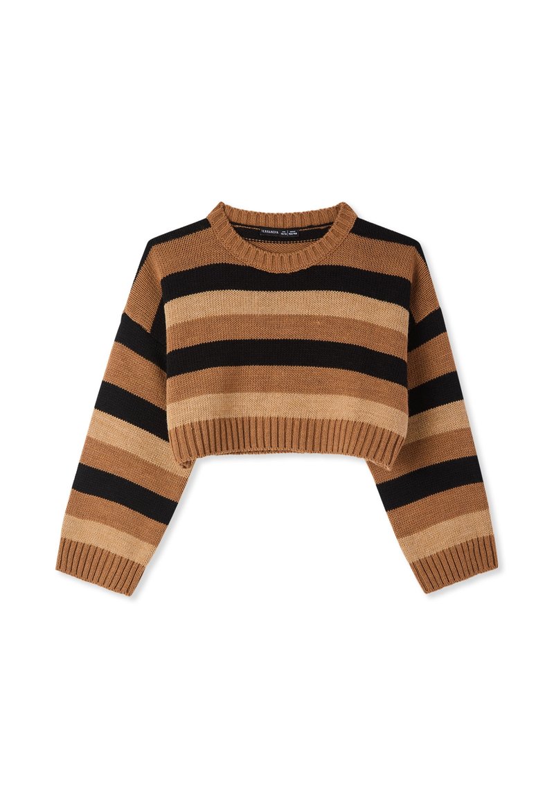 Maglione corto con strisce alternati in marrone, beige e nero. Tessuto lavorato a maglia con collo tondo e bordi a costine in fondo e sui polsini.