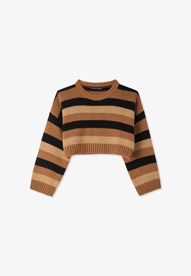 Maglione corto con strisce alternati in marrone, beige e nero. Tessuto lavorato a maglia con collo tondo e bordi a costine in fondo e sui polsini.