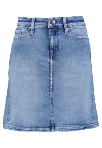 Jeanskjol i ljusblått med rak design, knappknäppning fram och klassisk femficksstil. Något urblekt textur.