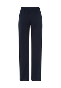 Námořnické modré kalhoty s elastickým pasem a rovnou siluetou. Vyrobené z měkkého materiálu, s hladkým povrchem a bez viditelných vzorů nebo akcentů.
