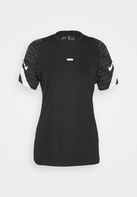 Musta Nike Dri-FIT lyhythihainen urheilupaita, jossa on tummanharmaat kuvioidut hihat ja valkoiset swoosh-logot molemmissa hihoissa.