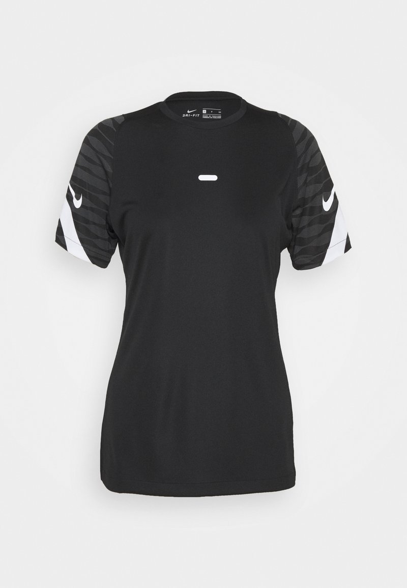 Musta Nike Dri-FIT lyhythihainen urheilupaita, jossa on tummanharmaat kuvioidut hihat ja valkoiset swoosh-logot molemmissa hihoissa.