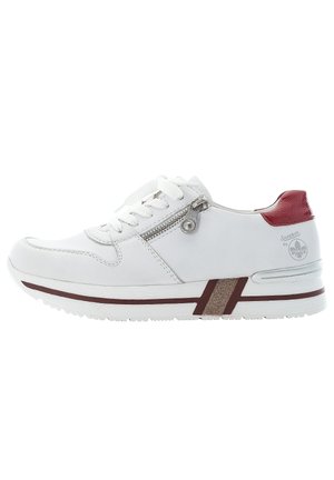 White leather sneakers featuring a lace-up design, side zipper, red accents, and a textured midsole with brown detailing.