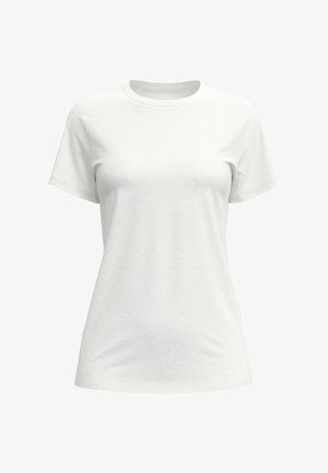 White short-sleeve t-shirt. Made of soft cotton with a crew neckline. Smooth texture, no patterns or accents. Standard fit and shape.