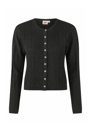 Black cable-knit cardigan with long sleeves, round neck, and a row of eight decorative silver buttons down the front.