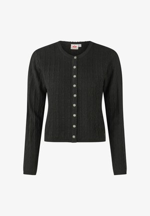 Black cable-knit cardigan with long sleeves, round neck, and a row of eight decorative silver buttons down the front.