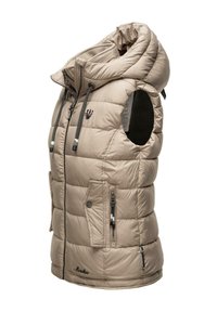 Beige Steppweste mit hohem Kragen und Kapuze, ausgestattet mit Reißverschlusstaschen, gepolsterten Bereichen und verstellbaren Kordeln. Weicher Stoff.