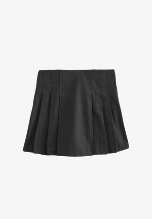 Schwarzer plissierter Minirock mit elastischem Bund. Hergestellt aus glattem Stoff, der mehrere vertikale Falten für Textur und Design aufweist.