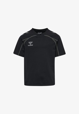 Svart t-shirt med korta ärmar i bomull, med rund halsringning, grå sömmar och "hummel"-logotyp på framsidan.