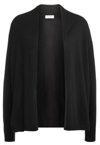 Schwarze Strickjacke mit offener Vorderseite, gestrickte Textur, lange Ärmel, gerippte Bündchen und Saum, aus weichem Stoff gefertigt. Ohne Verschlüsse.