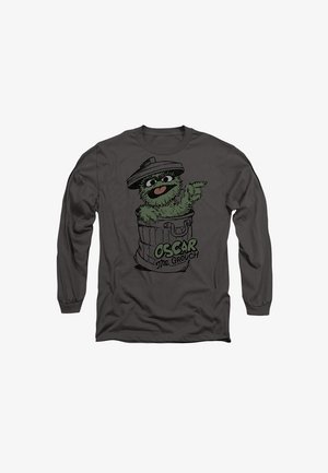 Langärmliges, anthrazitgraues Shirt, das Oscar das Ungeziefer zeigt, der aus einer Mülltonne auftaucht, mit grünem Fell, großen Augen und schwarzen Akzenten.