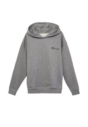 Grå hættejakke med frontlomme og lille sort tekst "HALO 196819721981" på venstre bryst, præsenteret på hvid baggrund.