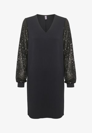 Crna haljina s V-izrezom, dugim napuhanim rukavima ukrašenim crnim šljokicama i uskim manžetama. Mekani materijal sa ravnim krojem i dugom do koljena.