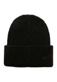 Zwarte gebreide Beanie met ribbelstructuur en omgeslagen rand. Voorzien van een klein logo aan de zijkant.
