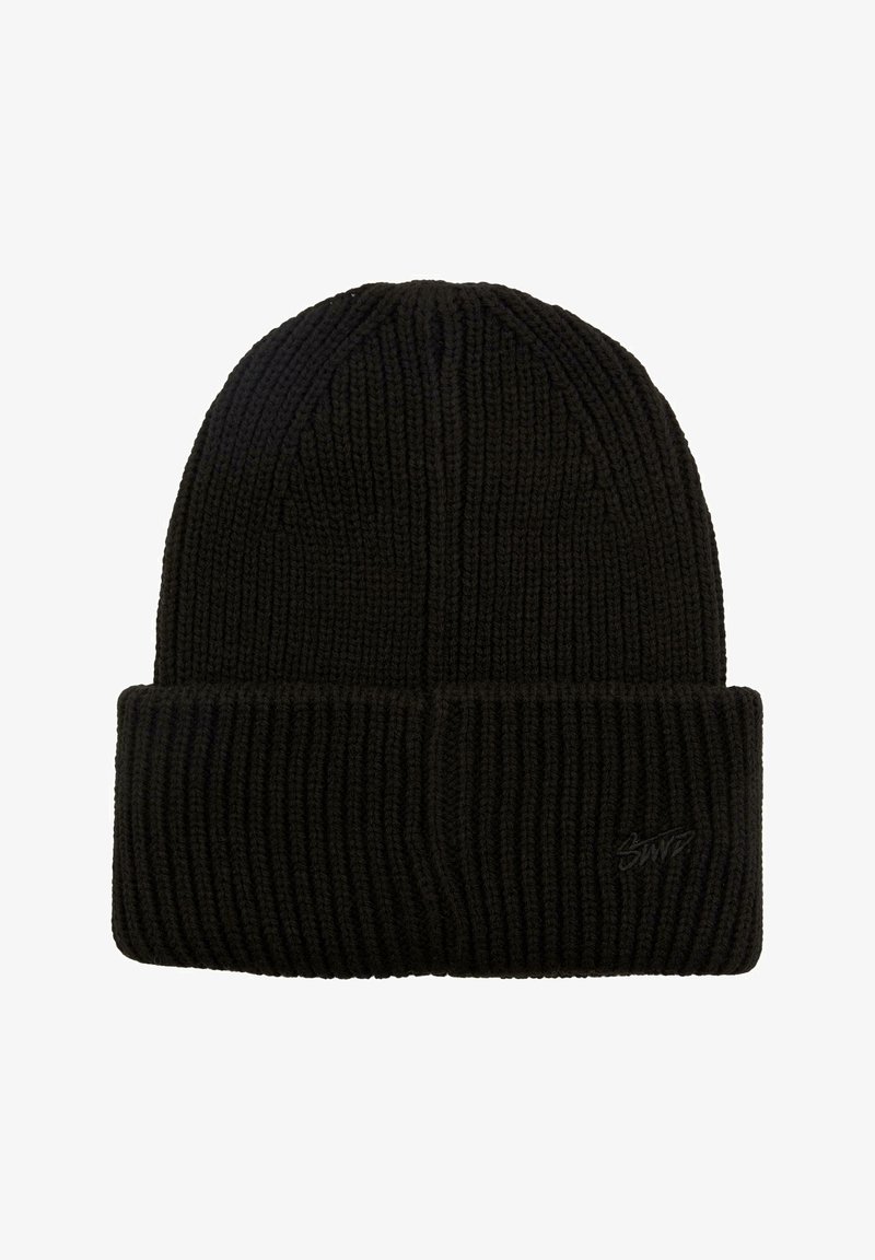 Zwarte gebreide Beanie met ribbelstructuur en omgeslagen rand. Voorzien van een klein logo aan de zijkant.