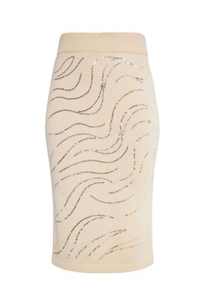 Beige pletená sukně s přiléhavým střihem. Obsahuje vlnové vzory z flitrů v zlaté a stříbrné barvě a žebrovaný pas. Hladká textura.
