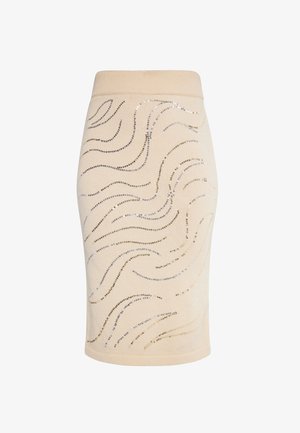 Beige pletená sukně s přiléhavým střihem. Obsahuje vlnové vzory z flitrů v zlaté a stříbrné barvě a žebrovaný pas. Hladká textura.