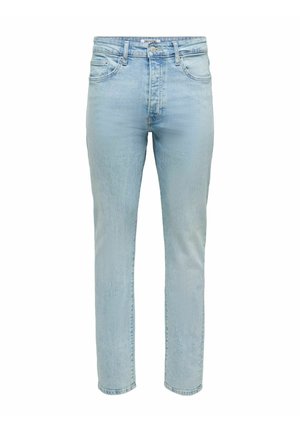 Lyseblå høytlivs jeans med rette ben, frontknapp og glidelås, beltehemper og fem lommer.