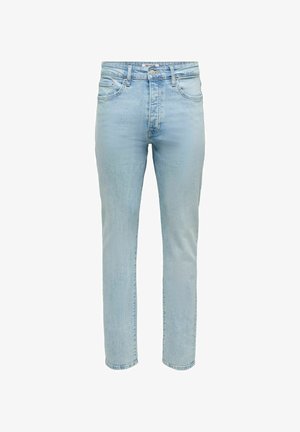 Hellblaue Jeans mit hoher Taille und geradem Bein, vorn mit Knöpfen und Reißverschluss, Gürtelschlaufen und Fünf-Taschen-Design.