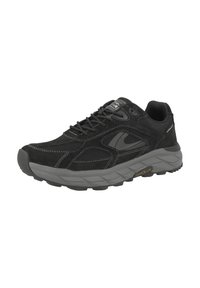 Schwarzer Sportschuh mit einem Obermaterial aus Wildleder und Mesh. Verfügt über weiße Nähte, eine gepolsterte graue Sohle und eine profilierte Außensohle für Grip.