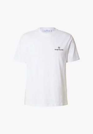 Wit katoenen T-shirt met korte mouwen, ronde halslijn en zwart geborduurd logo op de linkerborst. Soepele textuur, reguliere pasvorm.