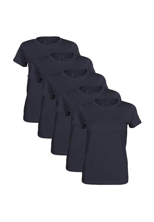 Five navy blue short-sleeve t-shirts arranged in a row, made from soft cotton material with a classic crew neck design.
