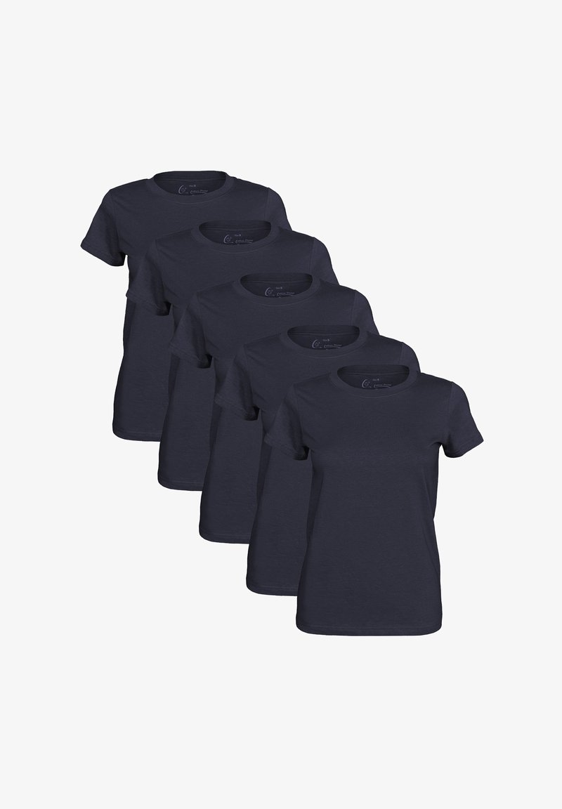 Five navy blue short-sleeve t-shirts arranged in a row, made from soft cotton material with a classic crew neck design.