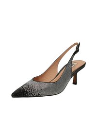 Scarpa con tacco alto slingback nera e argento, con punta affilata, decorata con un gradiente di borchiette scintillanti. Sottopiede e tacco in pelle.