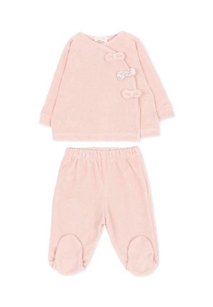 Set neonato in velluto a coste rosa tenue con maglia a manica lunga con tre fiocchi e pantaloni con piedini abbinati e vita elastica.
