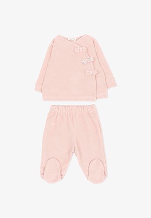 Set neonato in velluto a coste rosa tenue con maglia a manica lunga con tre fiocchi e pantaloni con piedini abbinati e vita elastica.