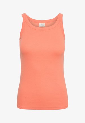Peach tank top made of stretchy cotton, featuring a round neckline, wide shoulder straps, and a fitted design with a smooth texture.