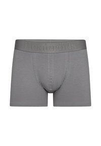 Boxer ajustados grises con una textura suave y una cinturilla elástica que presenta una marca en relieve. Ajuste estándar con una bolsa frontal contorneada.