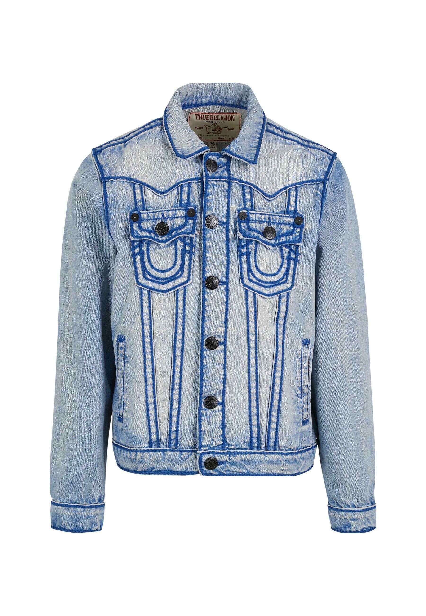 さや true religion damage denim jacket True Religion Blue Denim Jacket Sz Large Joey Super T Y2K