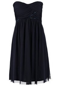 Robe de cocktail noire sans bretelles avec corsage froncé, bordure à paillettes sous la poitrine et jupe fluide longueur genou.
