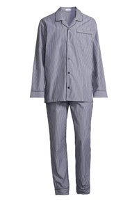 Baumwollpyjamas mit einem blau-weißen gestreiften Muster, langärmeliger Knopfleiste mit Tasche und passenden Hosen mit umgeschlagenen Säumen.