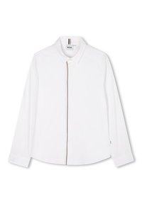 Camicia bianca a maniche lunghe con colletto classico, caratterizzata da un sottile dettaglio con zip lungo il davanti e bordi a contrasto, realizzata in tessuto morbido.