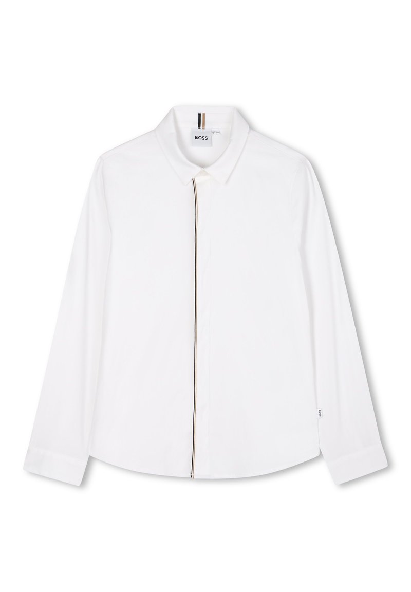 Camicia bianca a maniche lunghe con colletto classico, caratterizzata da un sottile dettaglio con zip lungo il davanti e bordi a contrasto, realizzata in tessuto morbido.