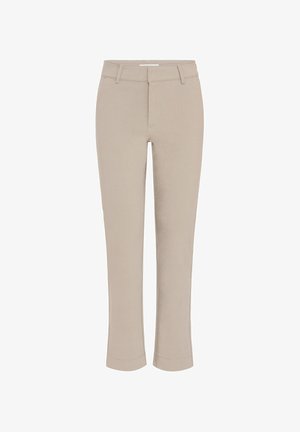 Beige gerade geschnittene Hose aus einem glatten Stoff. Verfügt über einen Standardbund, Seitentaschen und leicht ausgestellte Säume.