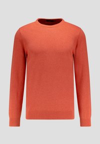  Oranje gebreide trui met een ronde hals, lange mouwen en geribde manchetten en zoom. Bevat subtiele branding op de borst. Soepele textuur.