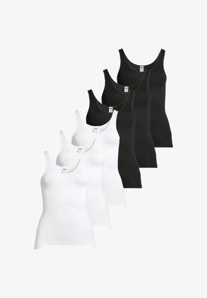 Six débardeurs sans manches en deux rangées, trois blancs devant et trois noirs derrière, présentés sur un fond blanc.