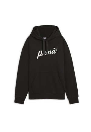 Felpa nera con tasca a marsupio, cappuccio con cordino, e logo "puma" bianco sul petto. Realizzata in tessuto morbido; vestibilità casual.