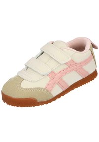 Zapatilla ligera en cuero crema y rosa, con una correa de velcro, punta redondeada y suela texturizada con acabado de goma.